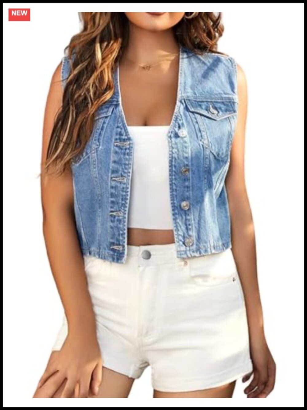 Cropped Denim Vest Top V Neck Button Down Sleeveless Jean Jacket Waistcoat